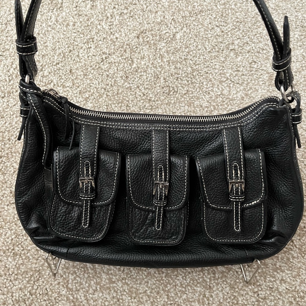 Black Leather Shoulder Bag with Triple Buckle Pockets